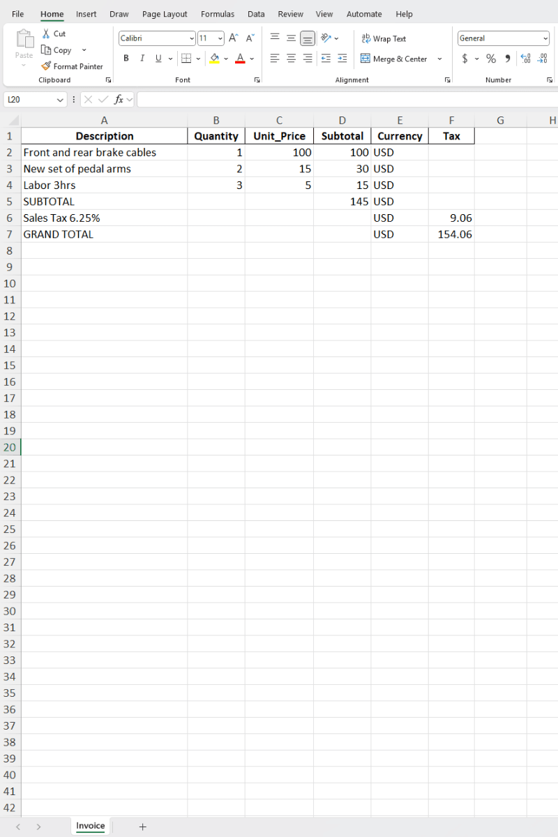 Invoice data in Excel spreadsheet - structured line items, quantities, prices, vendor info, and payment terms