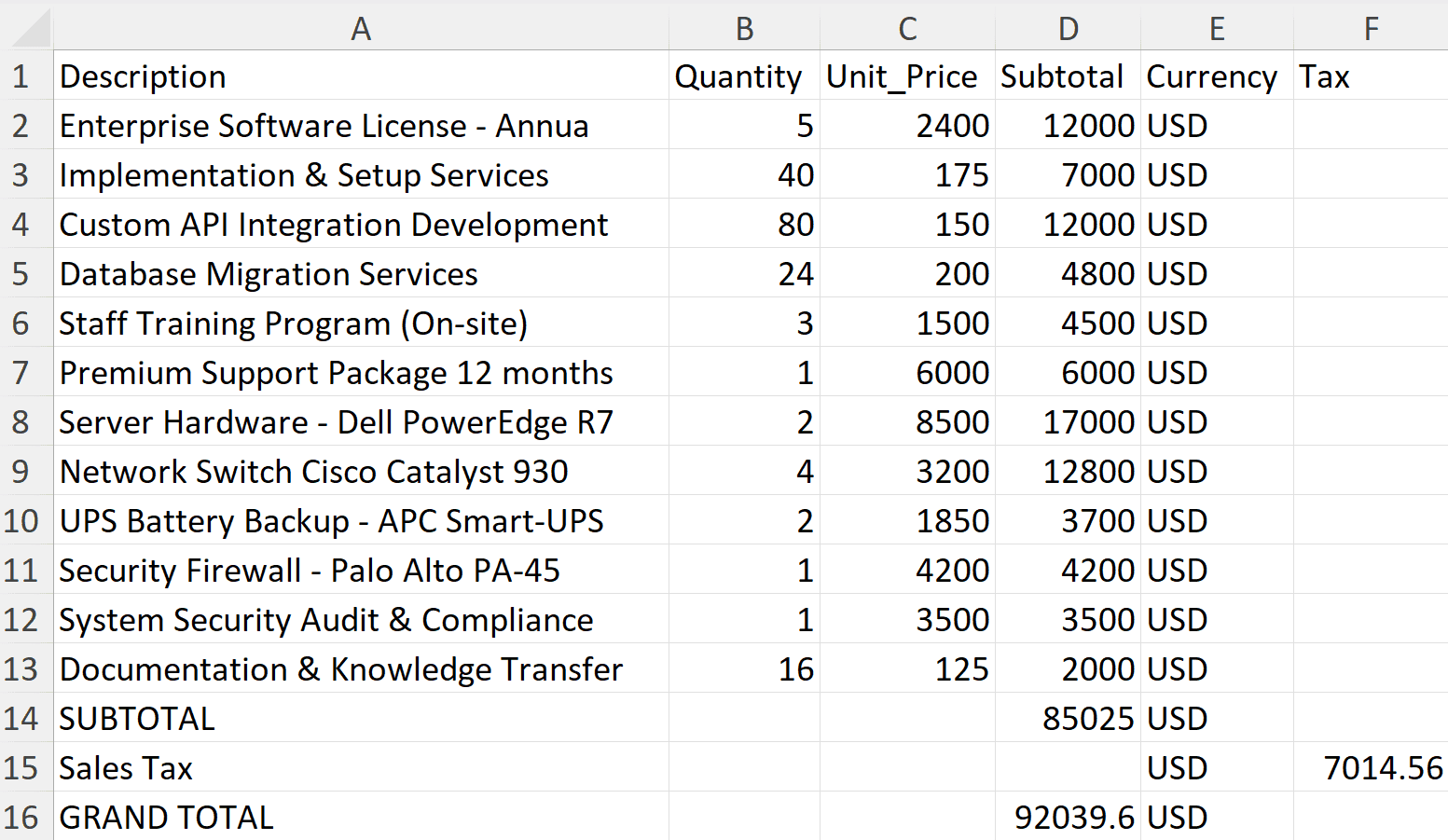 出力：編集可能な Excel スプレッドシート