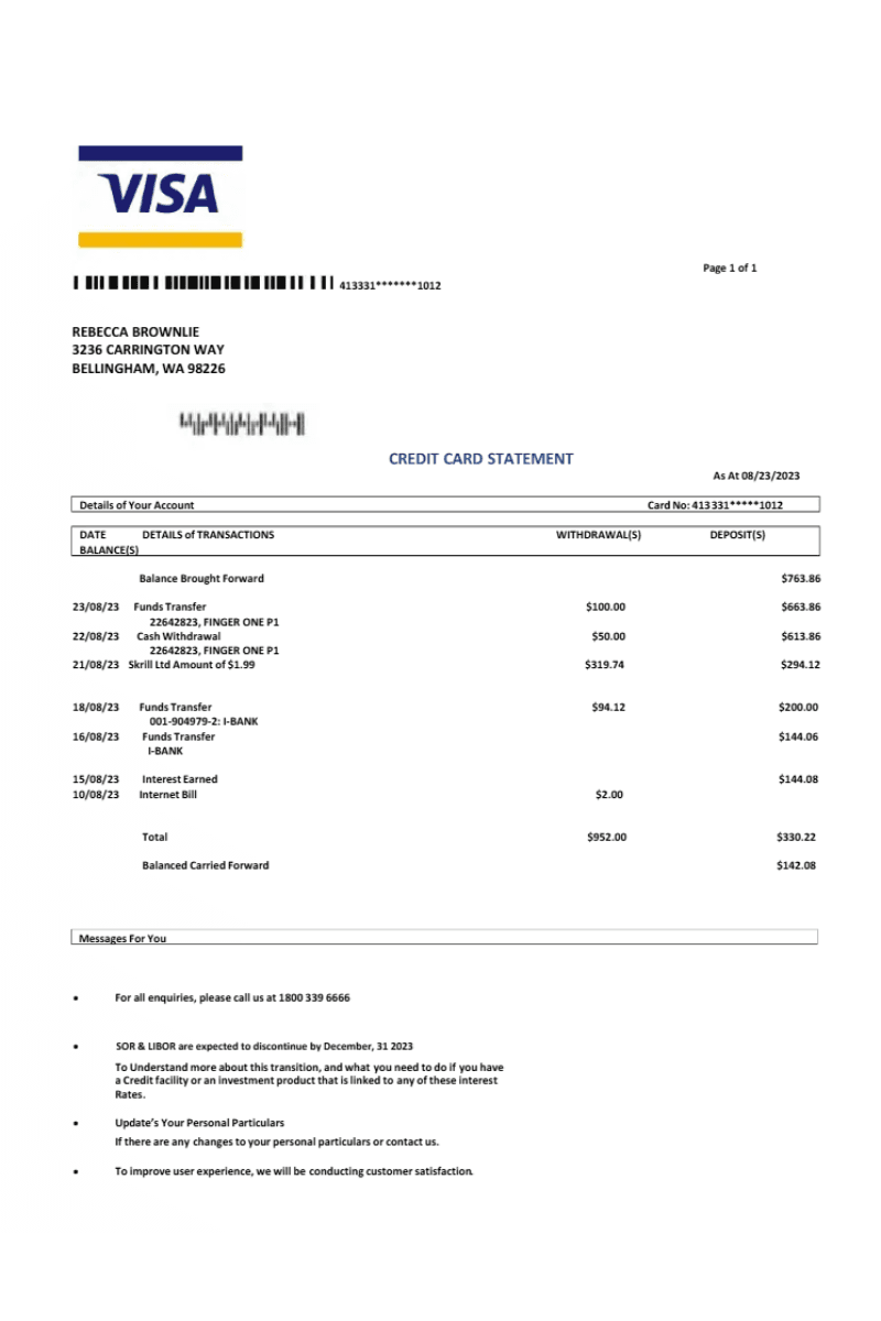 Credit card statement OCR - extract transactions, merchants, amounts, fees, interest, and payment details