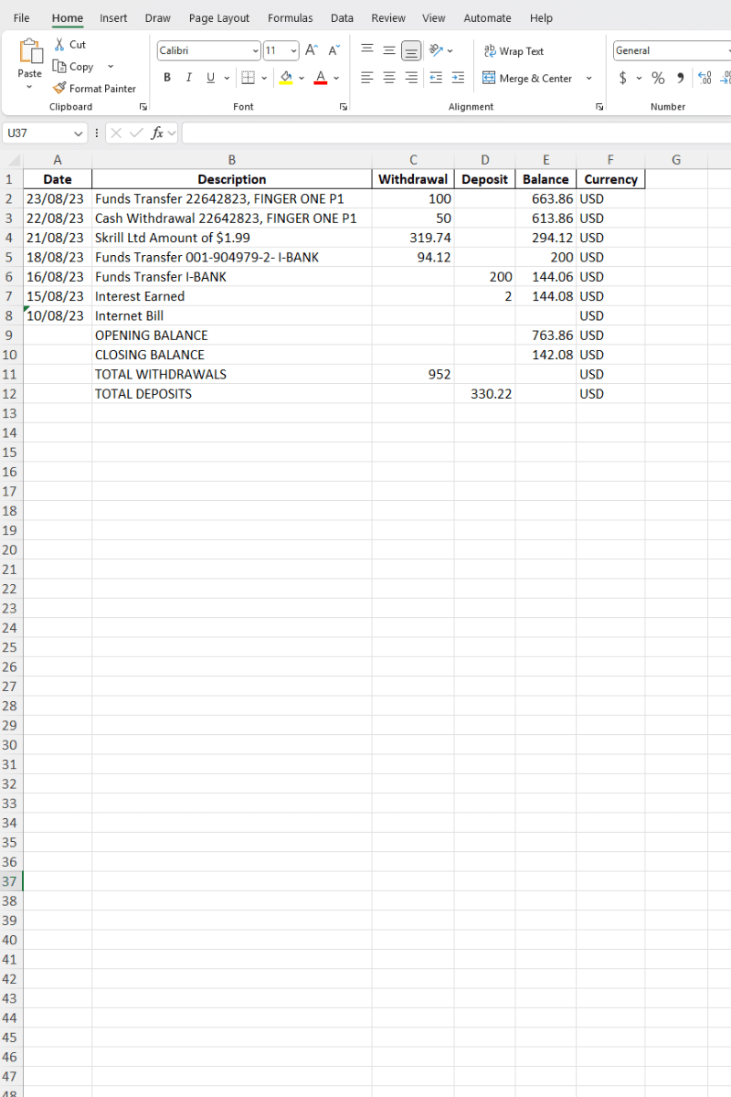 Credit card transactions in Excel - organized by date with merchant names, purchase amounts, fees, and payment history
