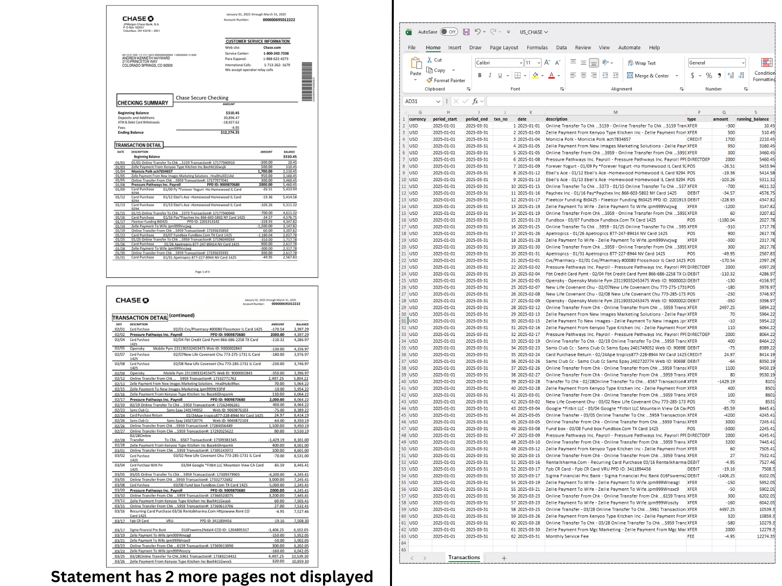 Chase-Bankkontoauszug in flaches detailliertes Excel-Tabellenkalkulationsblatt mit jeder Transaktion konvertiert