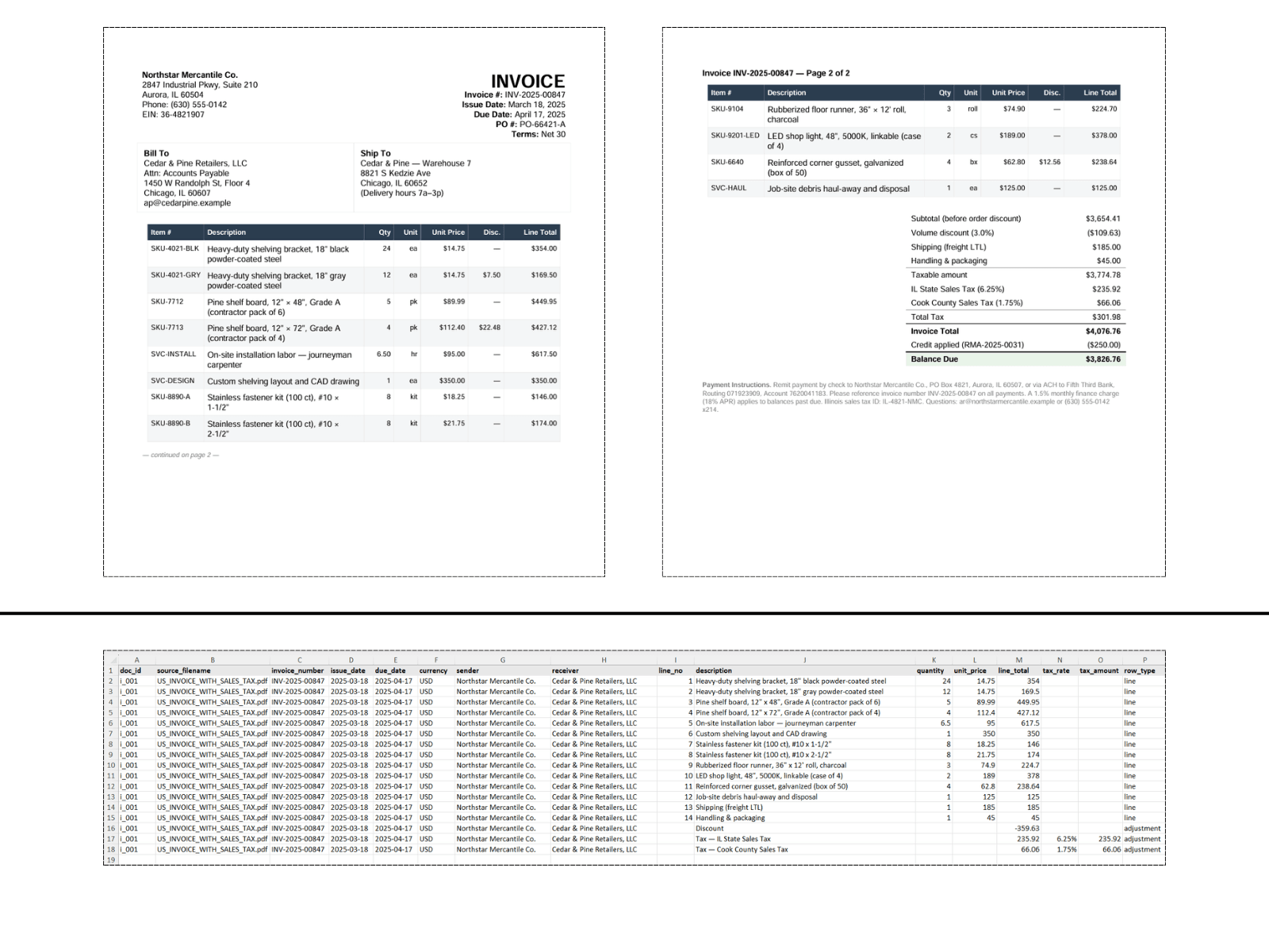 US-Rechnung mit Umsatzsteuer über zwei Seiten in flaches strukturiertes Excel-Tabellenkalkulationsblatt konvertiert