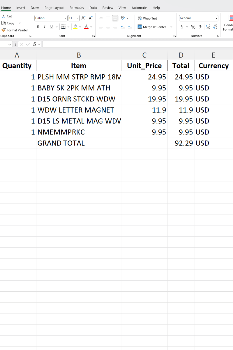 Receipt data converted to Excel - organized spreadsheet with merchant, items, prices, tax, and payment details